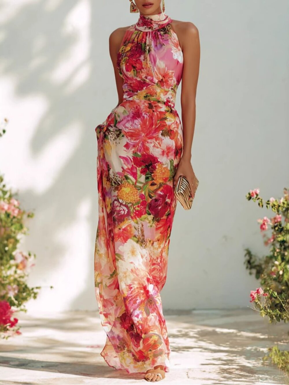 Women's Floral Halter Neck Chiffon Maxi Dress